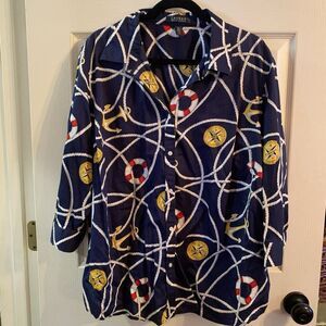 Lauren Ralph Lauren Shirt Women’s 3X Blue Nautical Beach Print Blouse Top Cotton